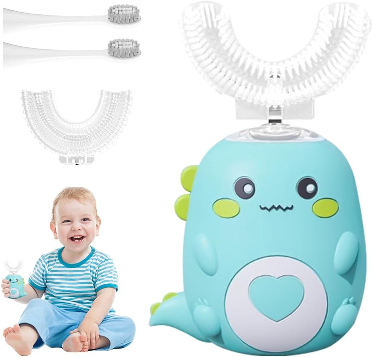 SnelShoppen - Dinobrush Auto-Sonische Tandenborstel voor Kinderen met 2 U-Vormige Siliconen Borstelkoppen en LED Dinosaurus Design, 360º Elektrische K