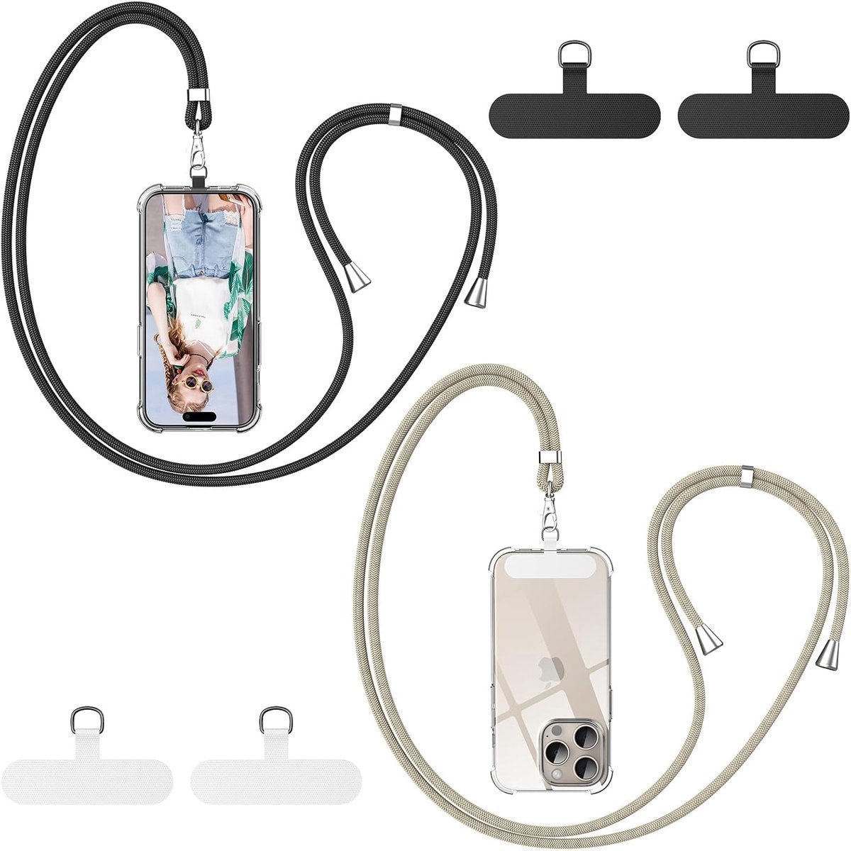 Thijox - Universele Telefoonband 2 Stuks, Verstelbaar en Afneembaar, Zwart + Goud, Inclusief 4 Universele Pads, Ideaal voor Feest, Camping en Dagelijk