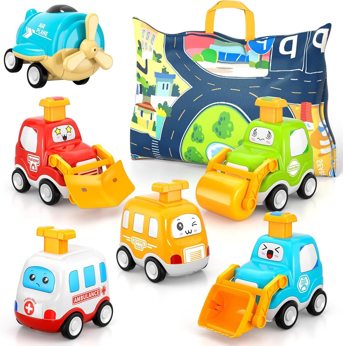 SnelShoppen - Doloowee Autospeelgoed voor Peuters - 6 Stuks Pull Back Auto's met Speelmat en Opbergtas - Cadeaus voor Kinderen van 1, 2, 3 Jaar