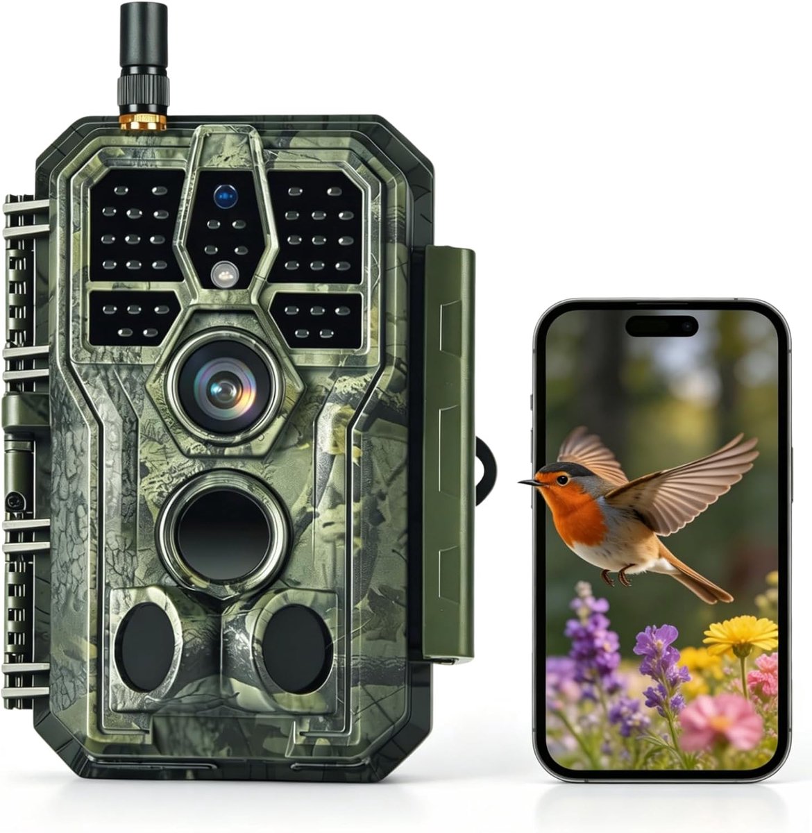 SnelShoppen - Wildcamera met Wifi en App, Nachtzichtcamera 64 MP, 1296P Fotoval met Bewegingsmelder en Bluetooth-antenne voor Buiten, Jacht en Natuurb