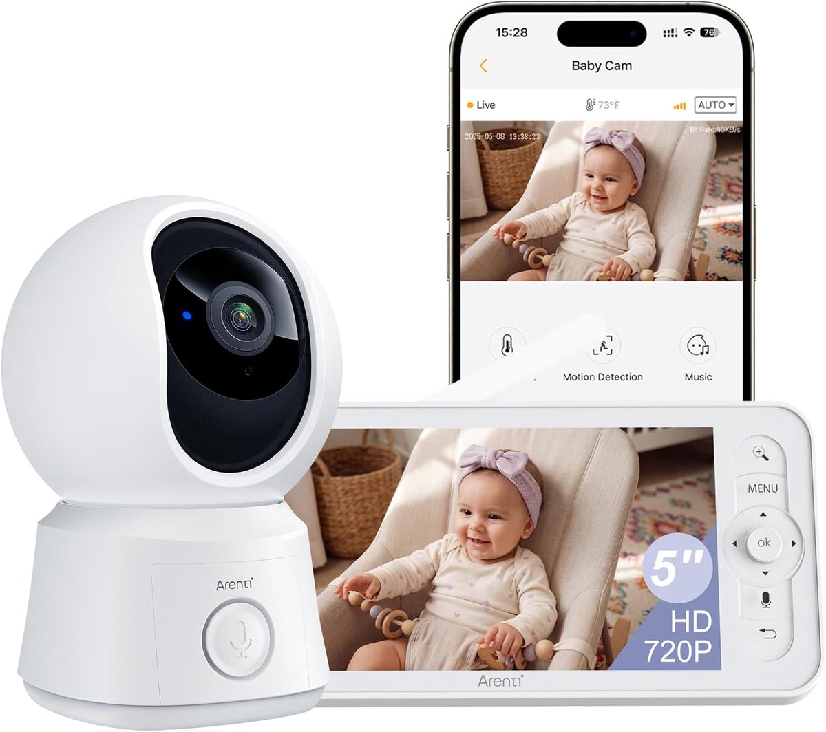 Thijox - ARENTI Babyfoon met Camera 1080p, Nachtzicht, Tweerichtingscommunicatie, Draadloos, Ideaal voor Baby's en Peuters, Wit