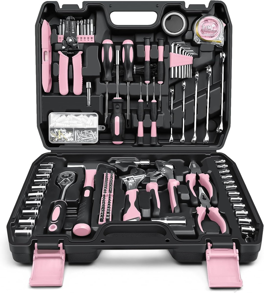 SnelShoppen - Complete Gereedschapskoffer 281-delig - Roze Draagbare Gereedschapsset met Steeksleutelset, Schroevendraaierset, Inbussleutelset en Tang