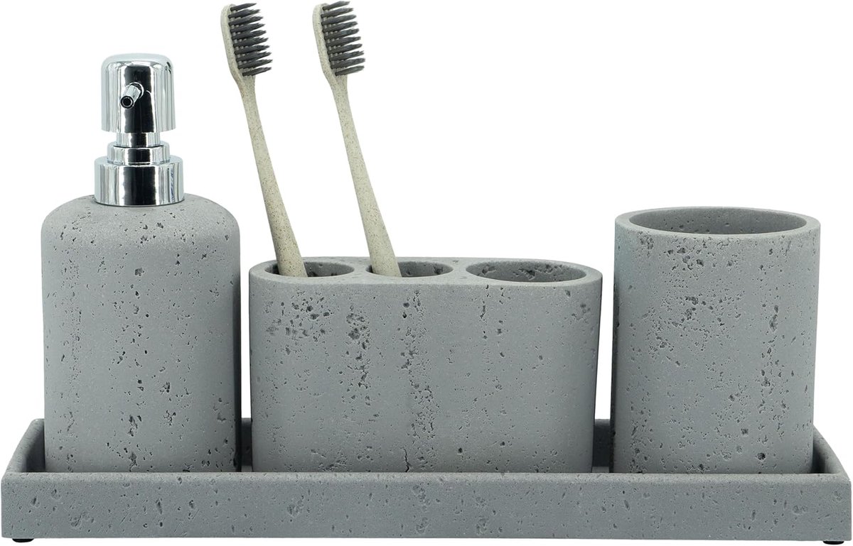 SnelShoppen - Lichtgrijze badkamer accessoires set 4 stuks - Tandenborstelhouder, zeepdispenser, ijdelheid lade, badkamer beker - Steeneffect aanrecht