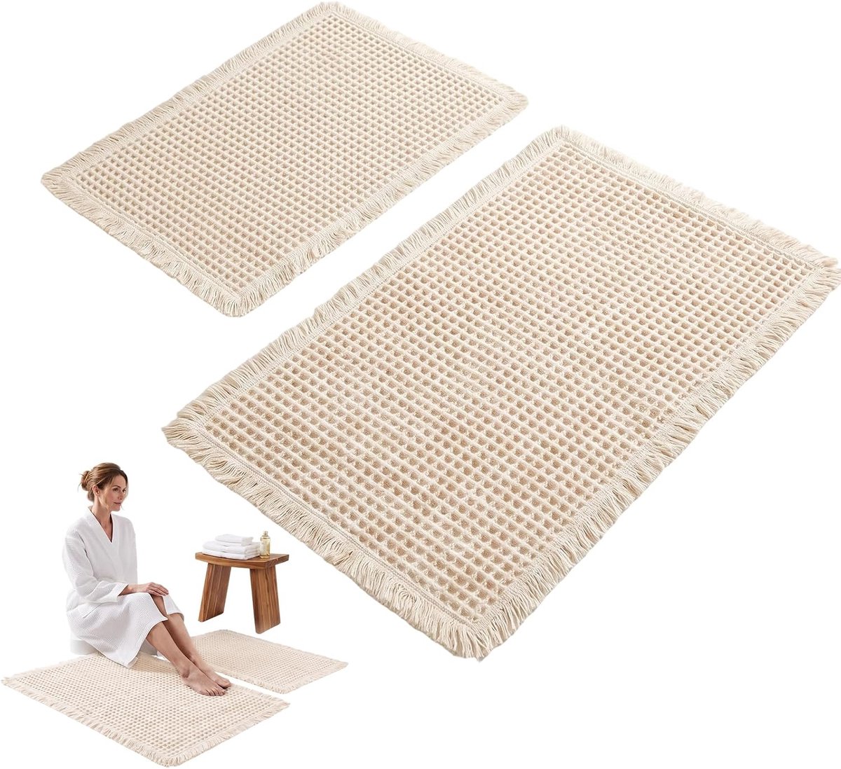 SnelShoppen - Badkamertapijtenset 2-delig, Antislip Badmatten, Wasbare Boho Badkamermat, Crèmewit, 46x77 cm + 43x61 cm, Voor Badkamer, Woonkamer, Keuk