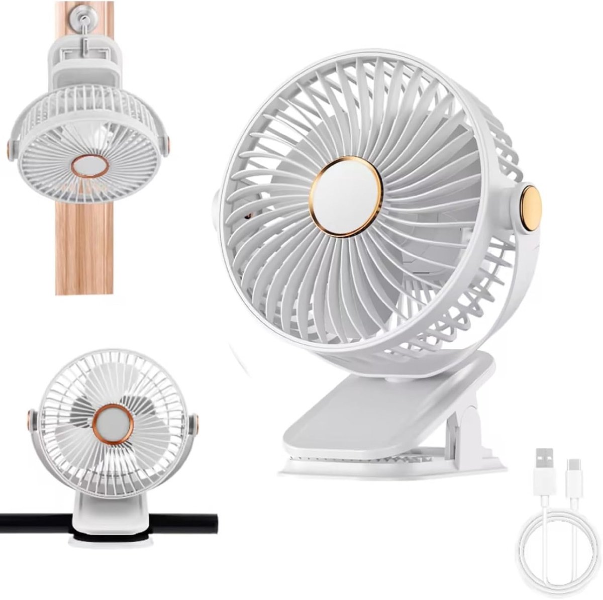 SnelShoppen - Mini-USB-ventilator met Klem, Stil, Draagbaar, 5 Snelheden, 720 Graden Rotatie, Krachtig, Wit voor Thuis, Kantoor, Outdoor, Reizen, Kind
