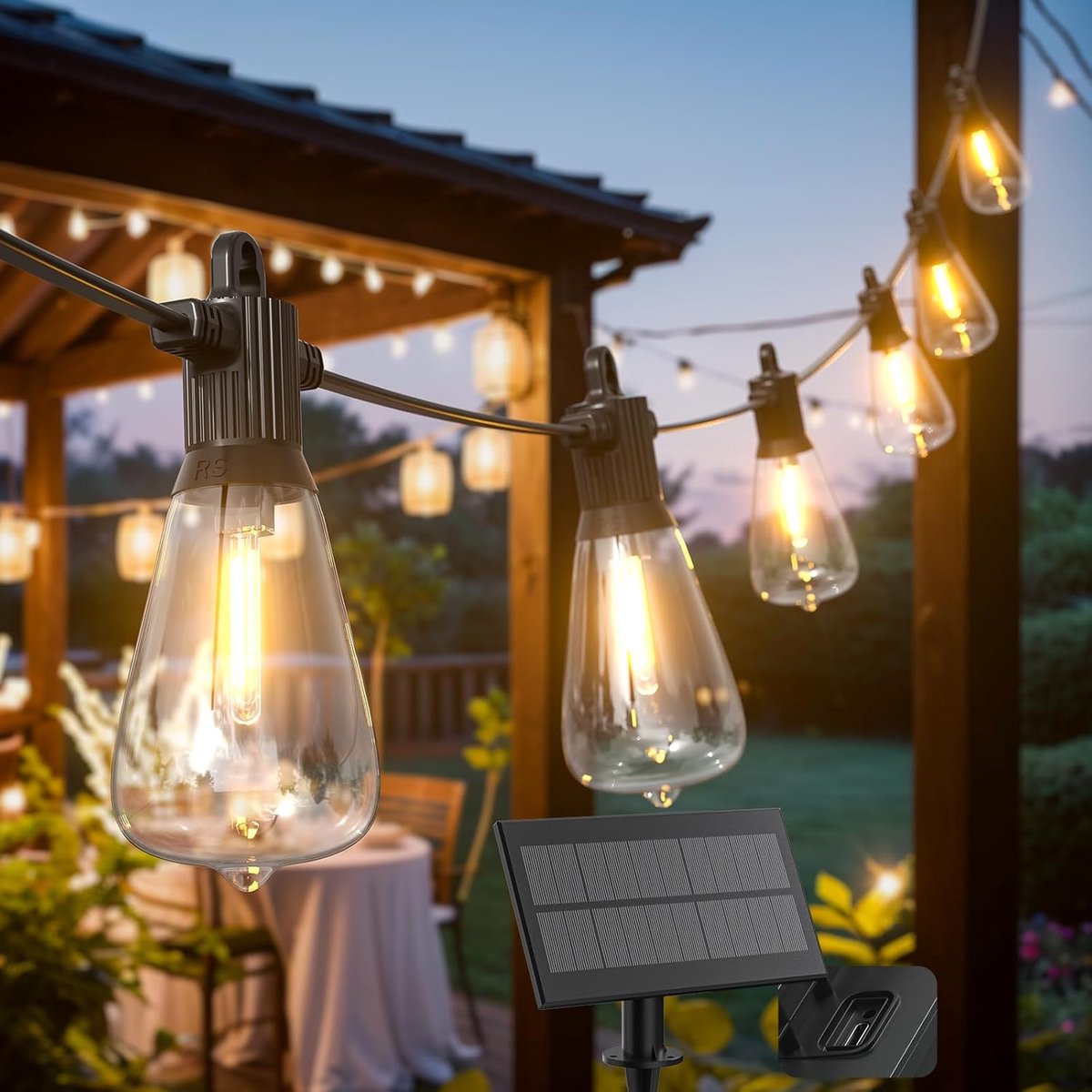 SnelShoppen - Lichtsnoer op Zonne-energie 15m - LED Lichtketting Buiten - 25 + 2 ST38 Gloeilampen - Warmwit - IP65 Waterdicht - 5 Lichtmodi - Tuin, Ba
