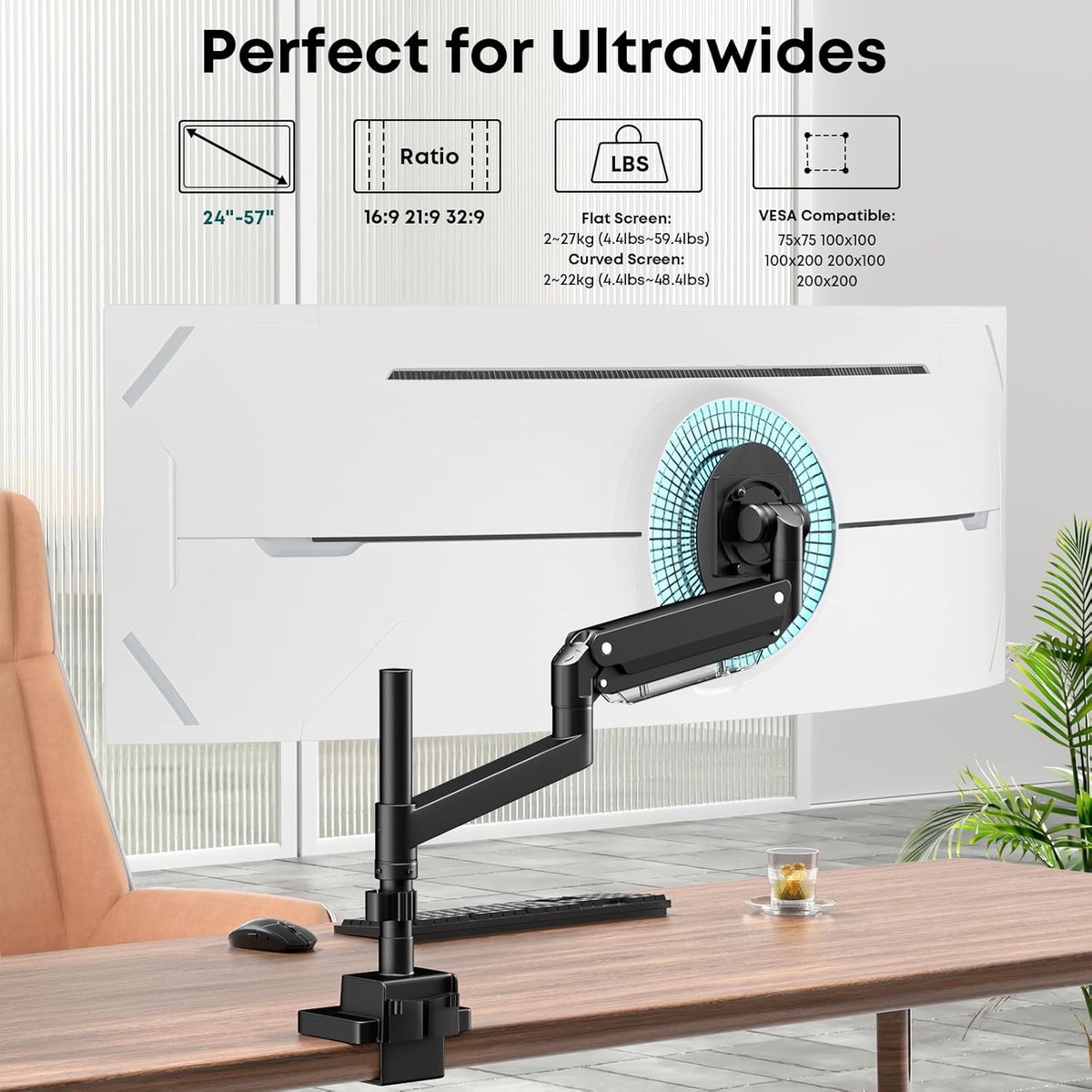 SnelShoppen - Ultrawide Monitor-Arm Heavy Duty 24-57" - Aluminium Enkele Paal Monitorbeugel tot 26,9 kg, Hoogte Verstelbare Bureaumontage Standaard, V thumbnail 5