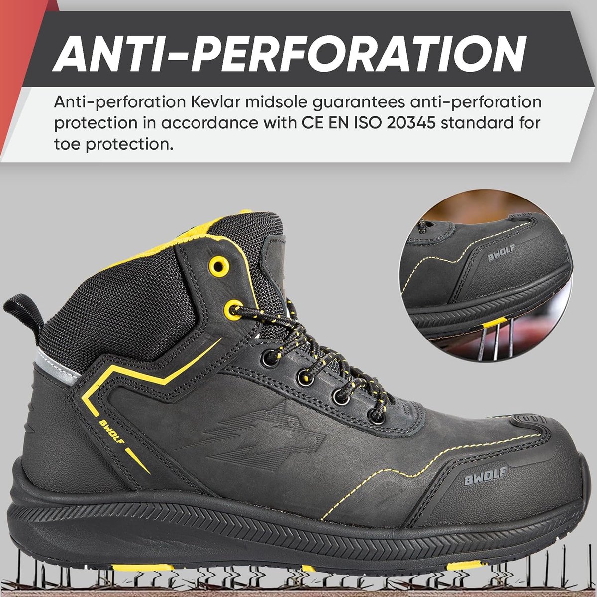 SnelShoppen - Hoge S3 Werkschoenen voor Heren - Phoenix Nabuk Veiligheidsschoenen - Waterdicht, Antislip, 4x4 Grip Tech, Ergo Zolen - Zwart Geel - Maa