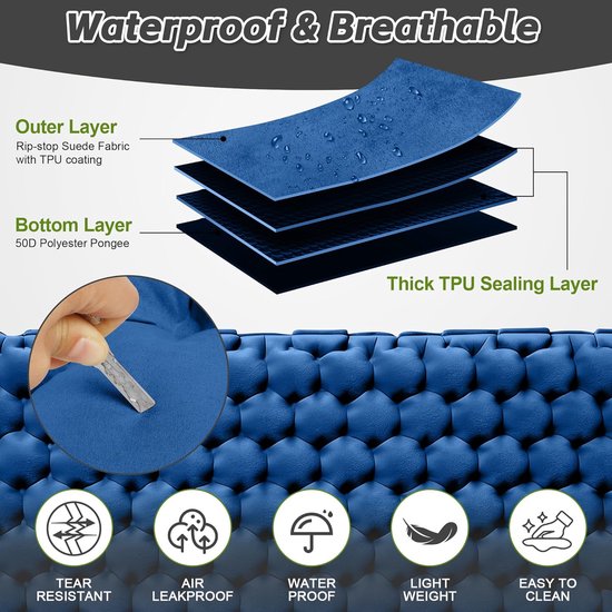 Thijox - Opblaasbare Campingmatras 2-Persoons Extra Dik 140x200 cm - Ultralicht Isolerend Met Ingebouwd Hoofdkussen Voor Tent Backpacken Festival — afbeelding 2