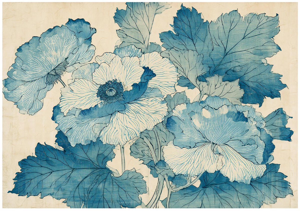 WALLARENA - Fotobehang - 200x140 cm - blauwe bloemen in beige tinten voor woonkamer en slaapkamer