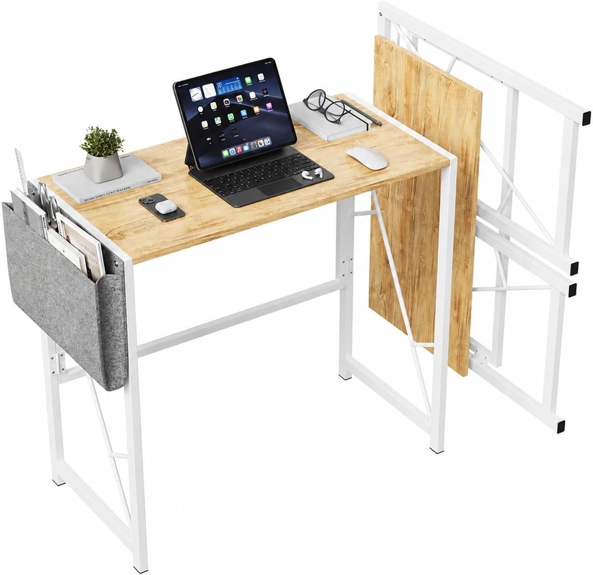 Opvouwbaar computerbureau Houtkleur 40x80x72 cm, schrijfbureau 80cm met zijvak en haken, eenvoudig te monteren thuiskantoor bureau voor slaapkamer en balkon