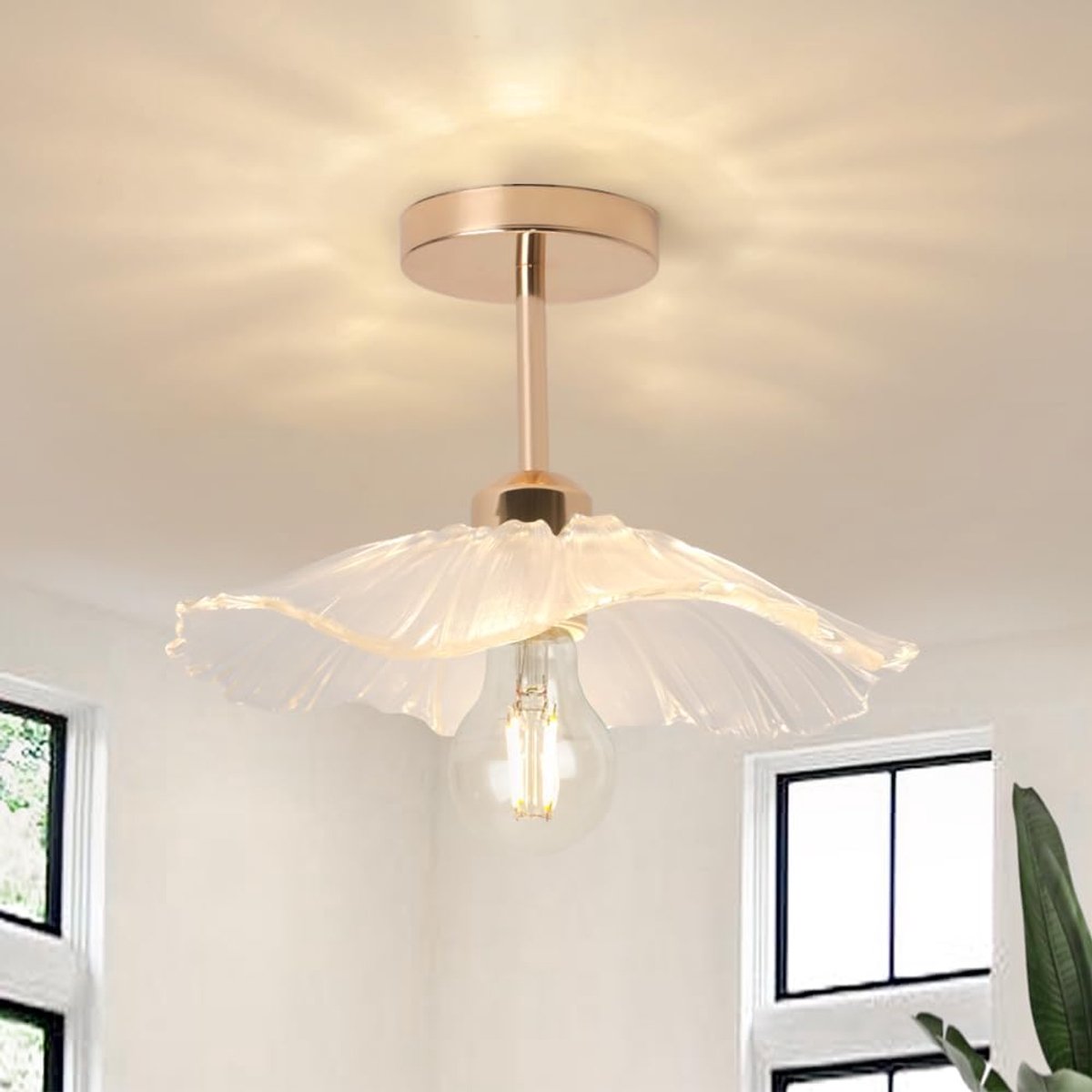SnelShoppen - LED Plafondlamp voor Woonkamer E27 Retro Hanglamp Glas Bloem Design Ideaal voor Slaapkamer, Keuken, Kantoor en Kinderen