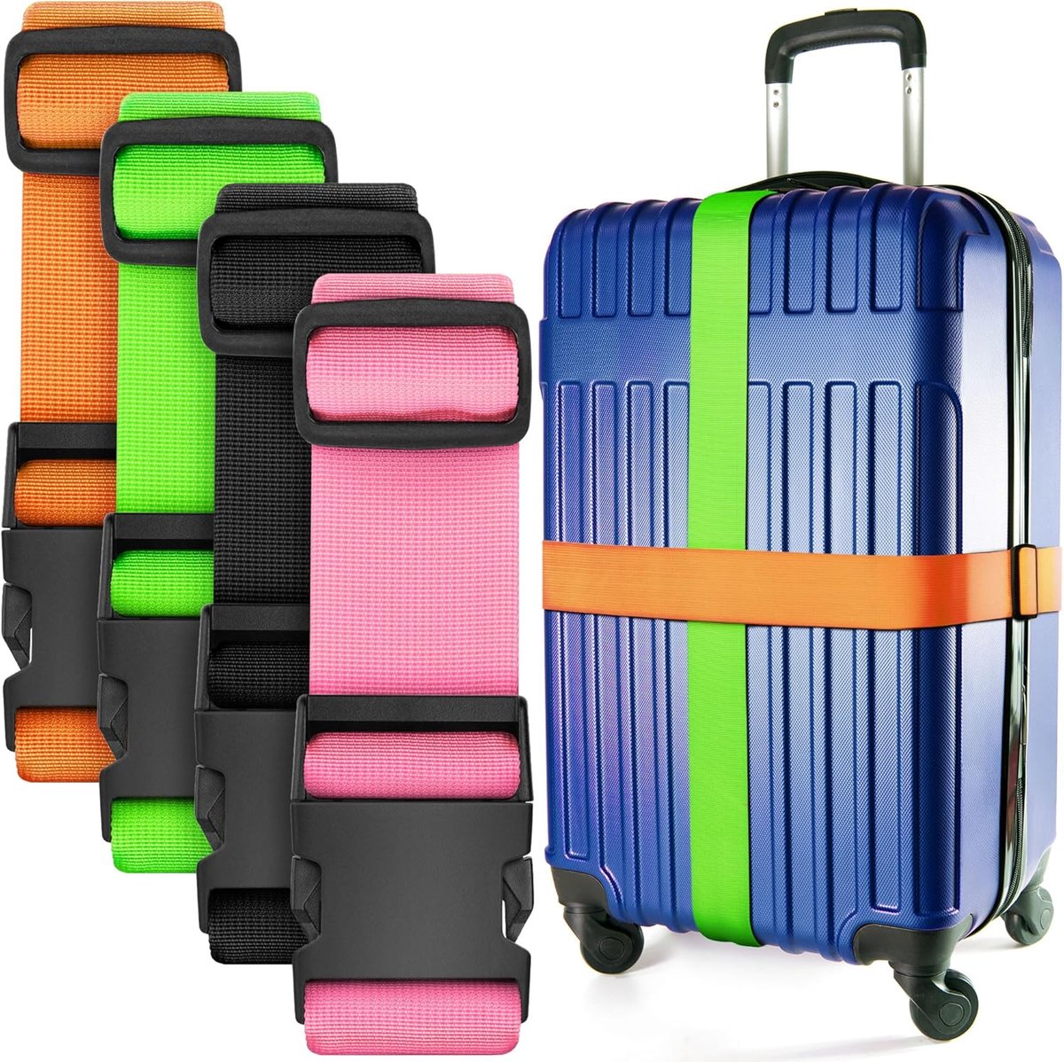 SnelShoppen - Verstelbare Bagagestraps - Mix van Kleuren, Set van 4 - Premium Nylon Straps voor Luggage Beveiliging - Verstelbare Lengte 1-2 m voor Re