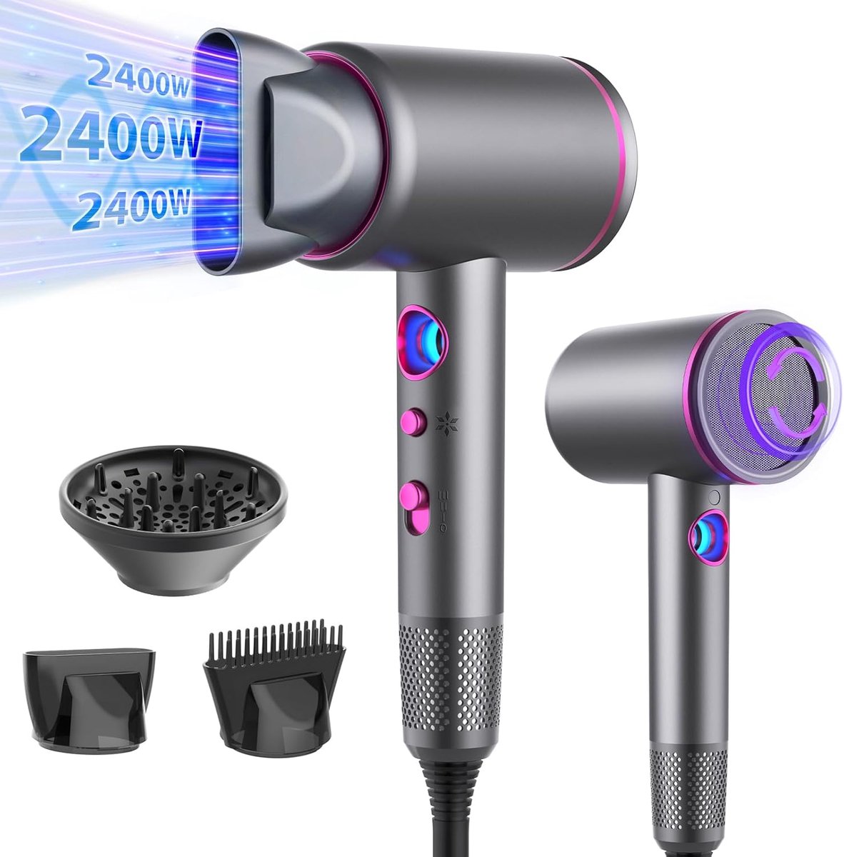 SnelShoppen - Professionele Föhn 2400W met Ionen Technologie, Reishaarföhn met 3 Accessoires, Temperatuur Indicator, 3 Warmte- en Snelheidsinstellinge