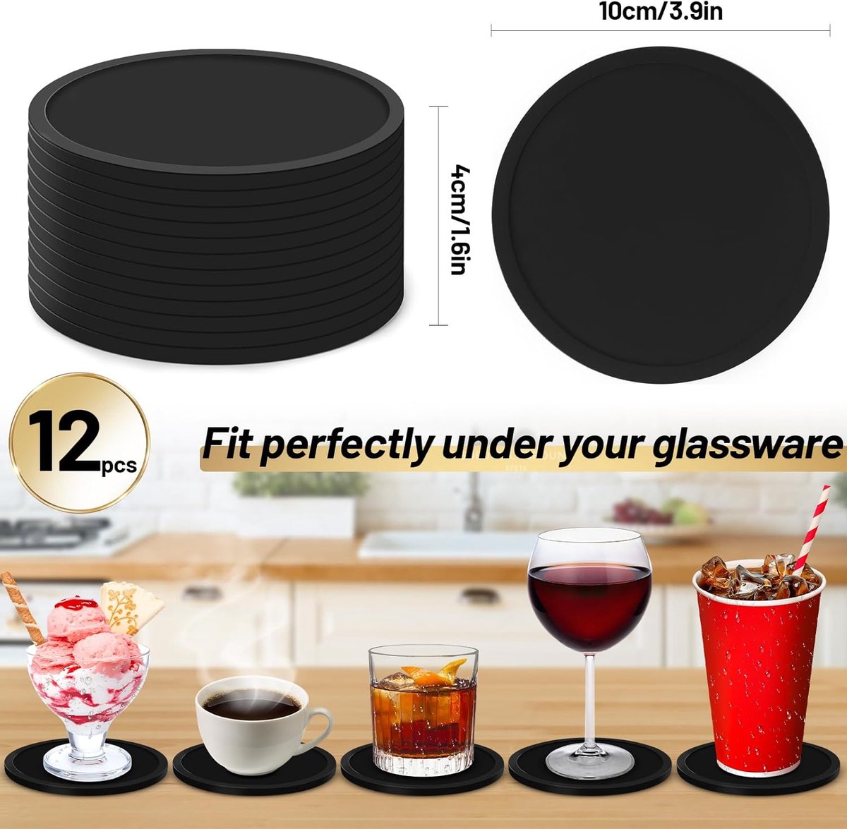 SnelShoppen - Silicone Coasters voor Glazen Rond, 12 Stuks, Non-Slip en Geïsoleerde Onderzetters Set Zwart voor Alle Soorten Bekers, Ideaal voor Feest