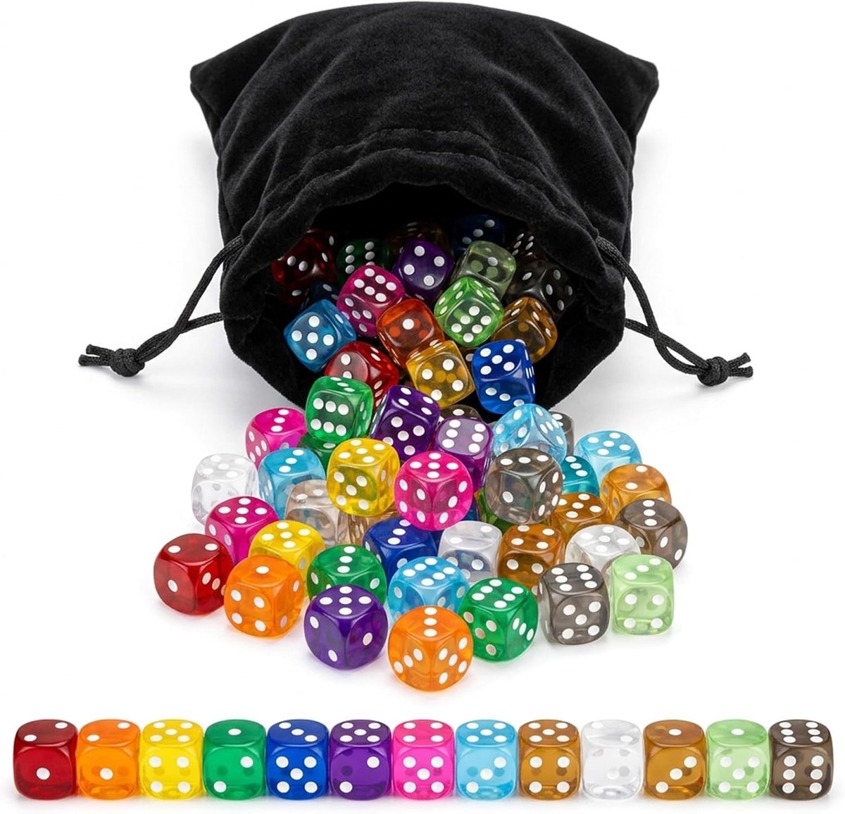 SnelShoppen - 65 Kleurrijke Speeldobbelstenen Set in 13 Kleuren met Zwart Fluwelen Zakje, Acryl Dobbelstenen voor Tafelspellen, Feesten, Bars en Leera