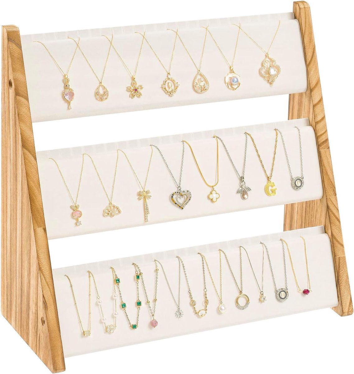 SnelShoppen - 3-laags Kettingstandaard met Fluweel, Houten Kettingen voor het Opbergen van Sieraden, Juwelenhouder voor 72 Kettingen en Armbanden, Rus
