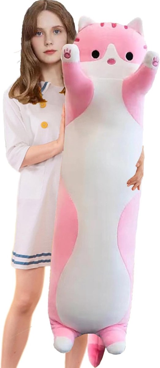 SnelShoppen - Long Cat Plush Pillow Kussen - Zacht Kat Plush Kussen - Schattig Kitty Slaap Kussen - Perfect Cadeau voor Kinderen - 50cm - Roze