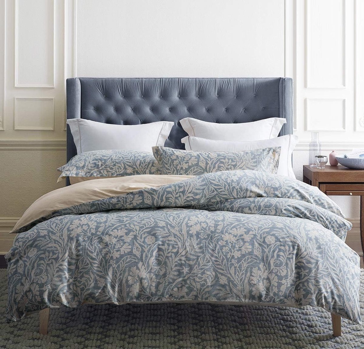 SnelShoppen - Luxe King Size Dekbedovertrek Set - 600 Draadcount Katoen - Beige en Blauwgrijs - Reversible Botanisch Bladprint - 3 Delig - Perfect voo