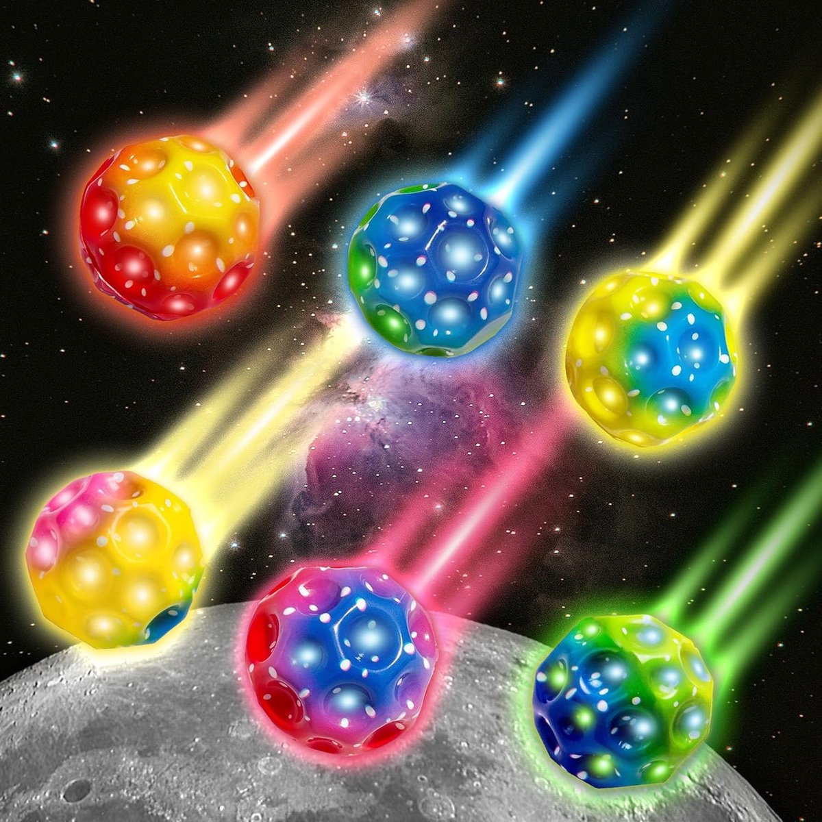 SnelShoppen - 6 Stuks LED Maanspringballen - Kleurrijke, Super Rekbare Rubber Ballen - Perfect voor Kinderen, Volwassenen, Feesten en Stressverminderi