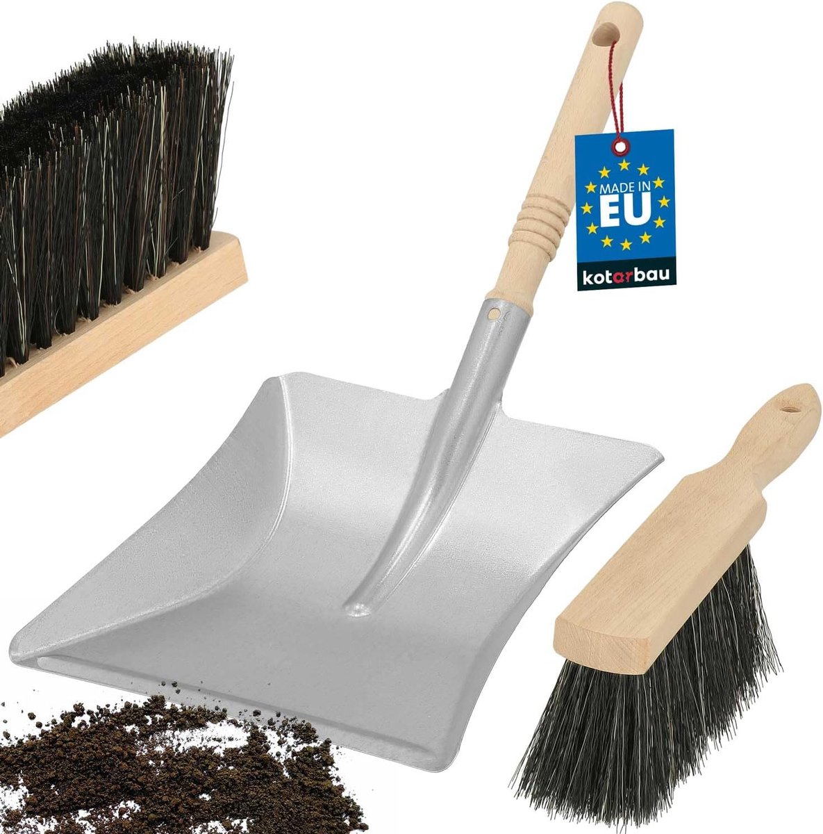 SnelShoppen - Metalen Stoffer en Blik Set - Houten Handvat - Gegalvaniseerd Staal en Hout - Voor Open Haard, Terras, Werkplaats - Grijs en Natuurlijk