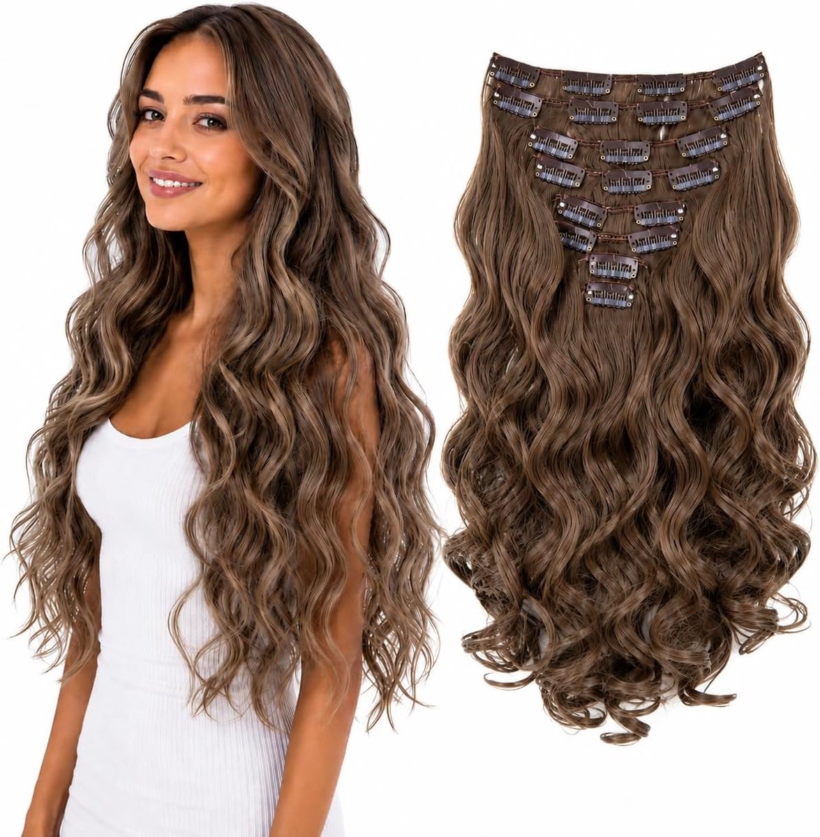 SnelShoppen - CAISHA XXL 45 cm 8 Piece Set Clip-in Extensions Haar Extensions Wavy Middenbruin Haarstuk - Hoogwaardige Hittebestendige Synthetische Ve