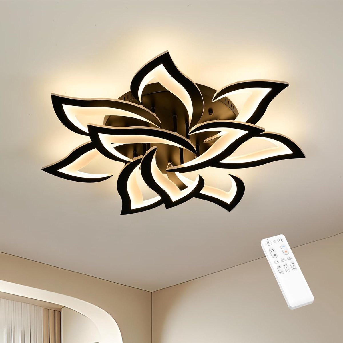 SnelShoppen - Creative Petal Plafondlamp 60W 6000LM LED Dimbaar met Afstandsbediening, Zwart Aluminium voor Woonkamer, Slaapkamer, Hal en Keuken