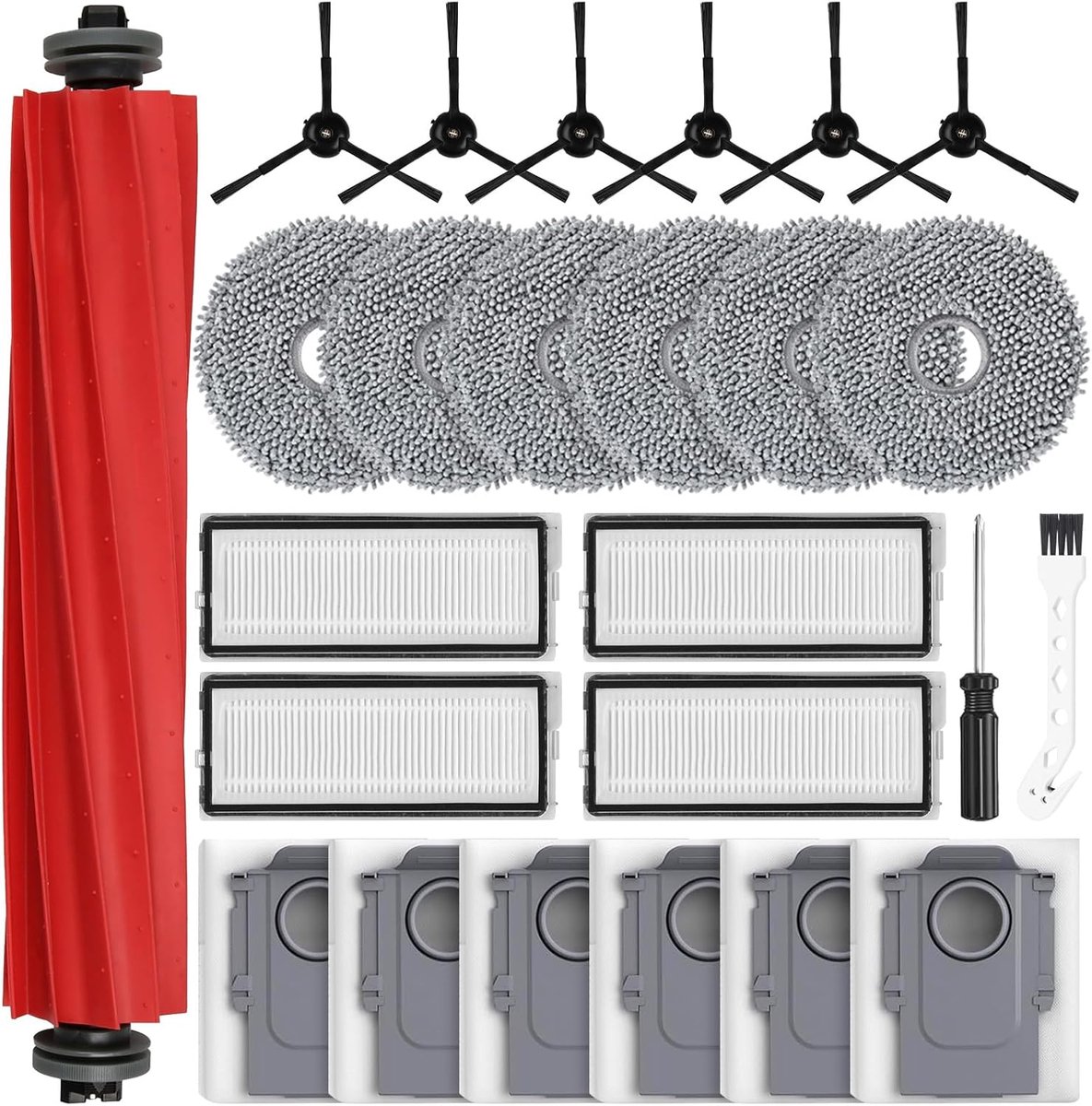 SnelShoppen - 25 Stuks Accessoires voor Robotstofzuiger, 1 Hoofdborstel, 6 Stofzakken, 6 Schoonmaakdoeken, 4 HEPA Filters, 6 Zijkanten, 1 Schoonmaakbo