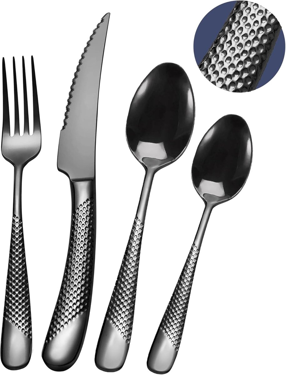 SnelShoppen - 24-Delig Modern Hammered Bestekset in Zwart met Ultra-Scherpe 2-in-1 Tandenmes, Stainless Steel 18/10, Bestek voor 6 Personen, Messen, V