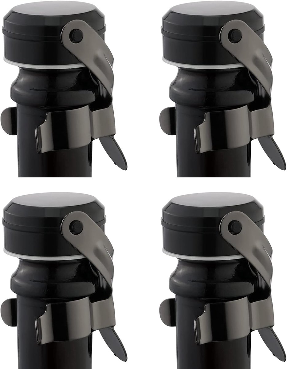 SnelShoppen - Champagne Stoppers 4 Stuks - RVS Herbruikbare Flesdoppen voor Prosecco, Cava en Mousserende Wijnen - Lekvrij en Vershoudend - Zwart
