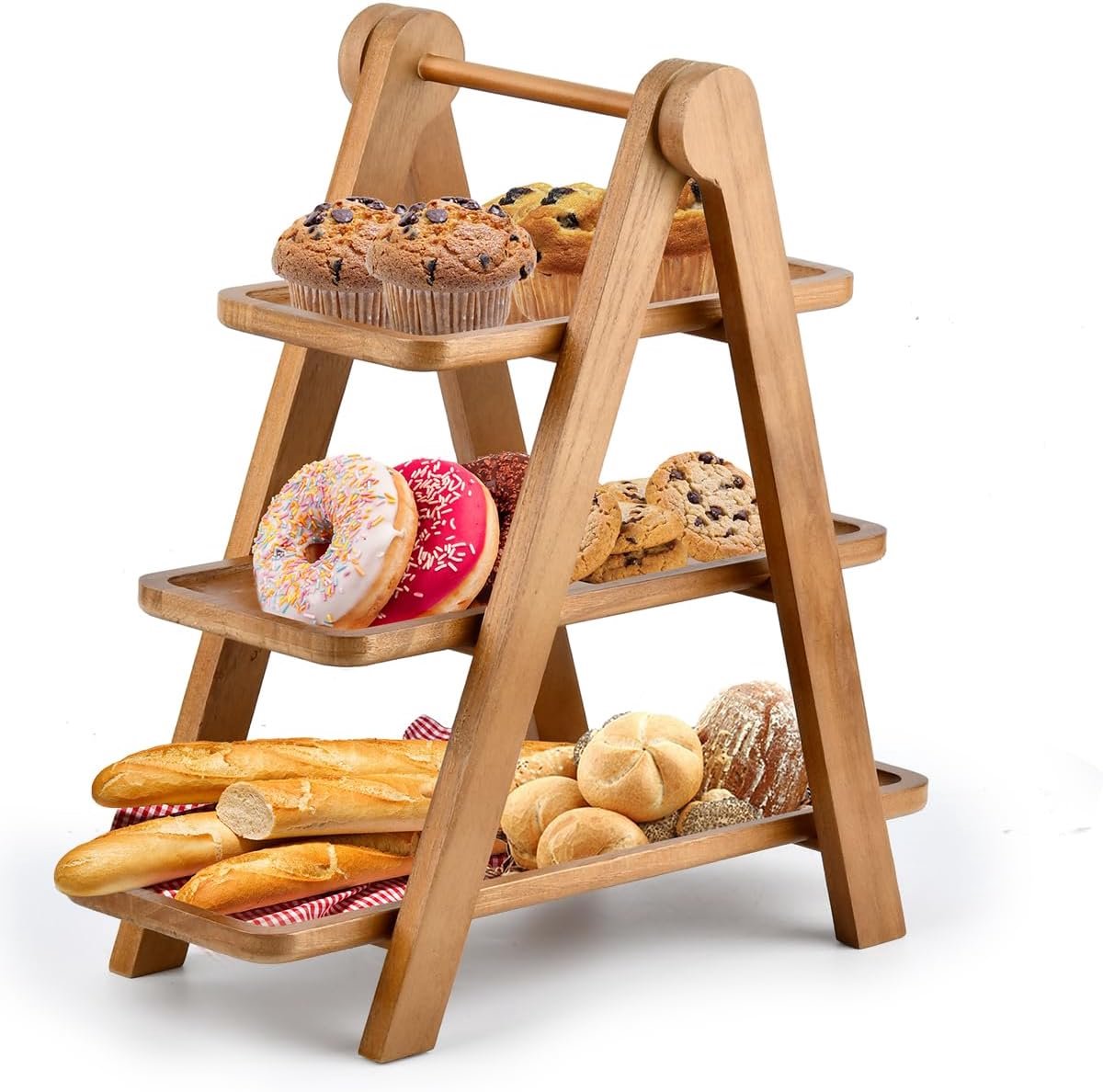 SnelShoppen - 3-Tier Houten Etagere met 3 Verwijderbare Serveerschalen, Rectangulaire Rack voor Raclette, Houten Tray voor Feest, Keuken, Tuin en Pick