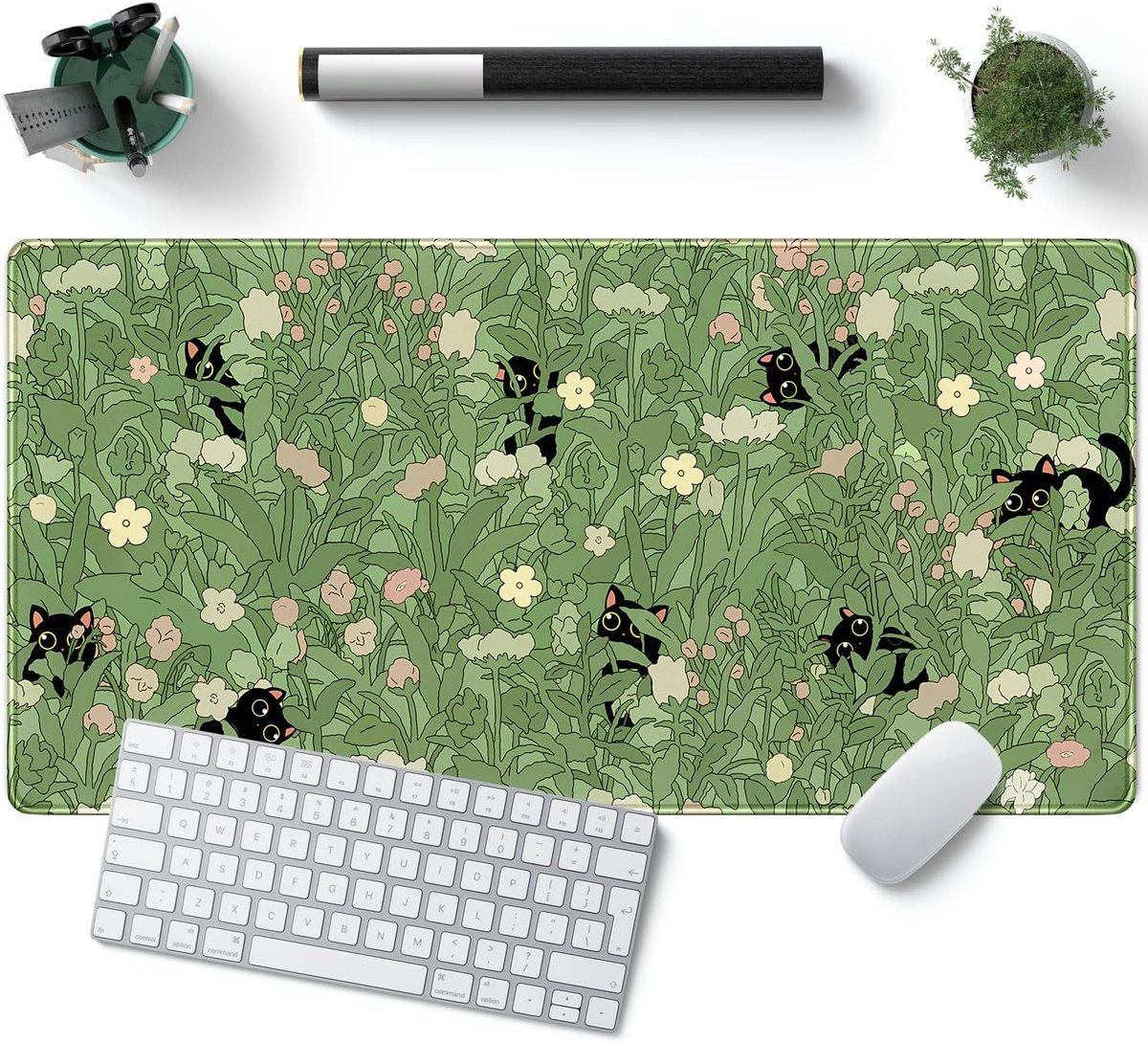 SnelShoppen - Green Desk Mat XL Kawaii Cat Met Bloemen - Grote Muismat 31.5 x 15.7 inch - Non-Slip Computer Mat - Stitched Edge - Desk Decoratie