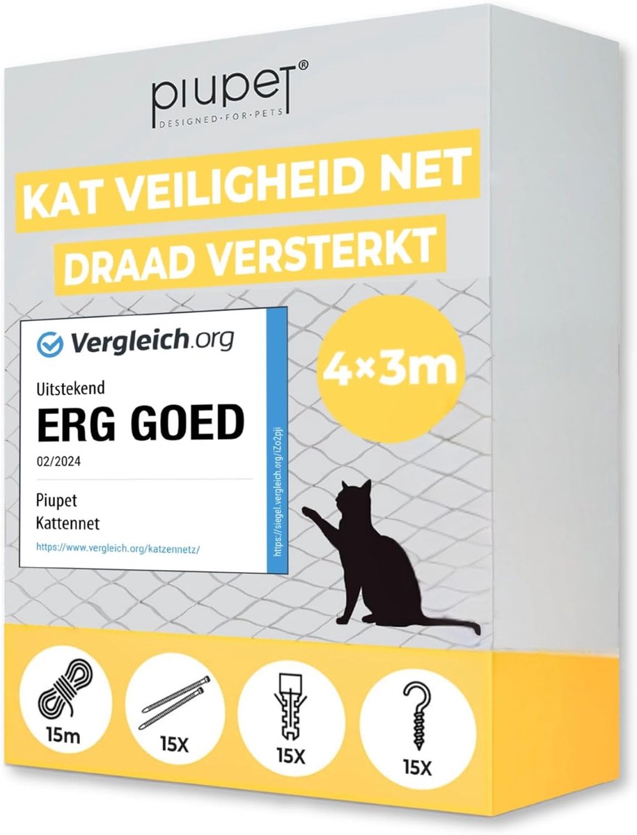 SnelShoppen - Cat Net 4 x 3 m Groen - Versterkt, Veiligheidsnet voor Katten - Ideaal voor Balkon, Raam, Terras - Inclusief Montageset