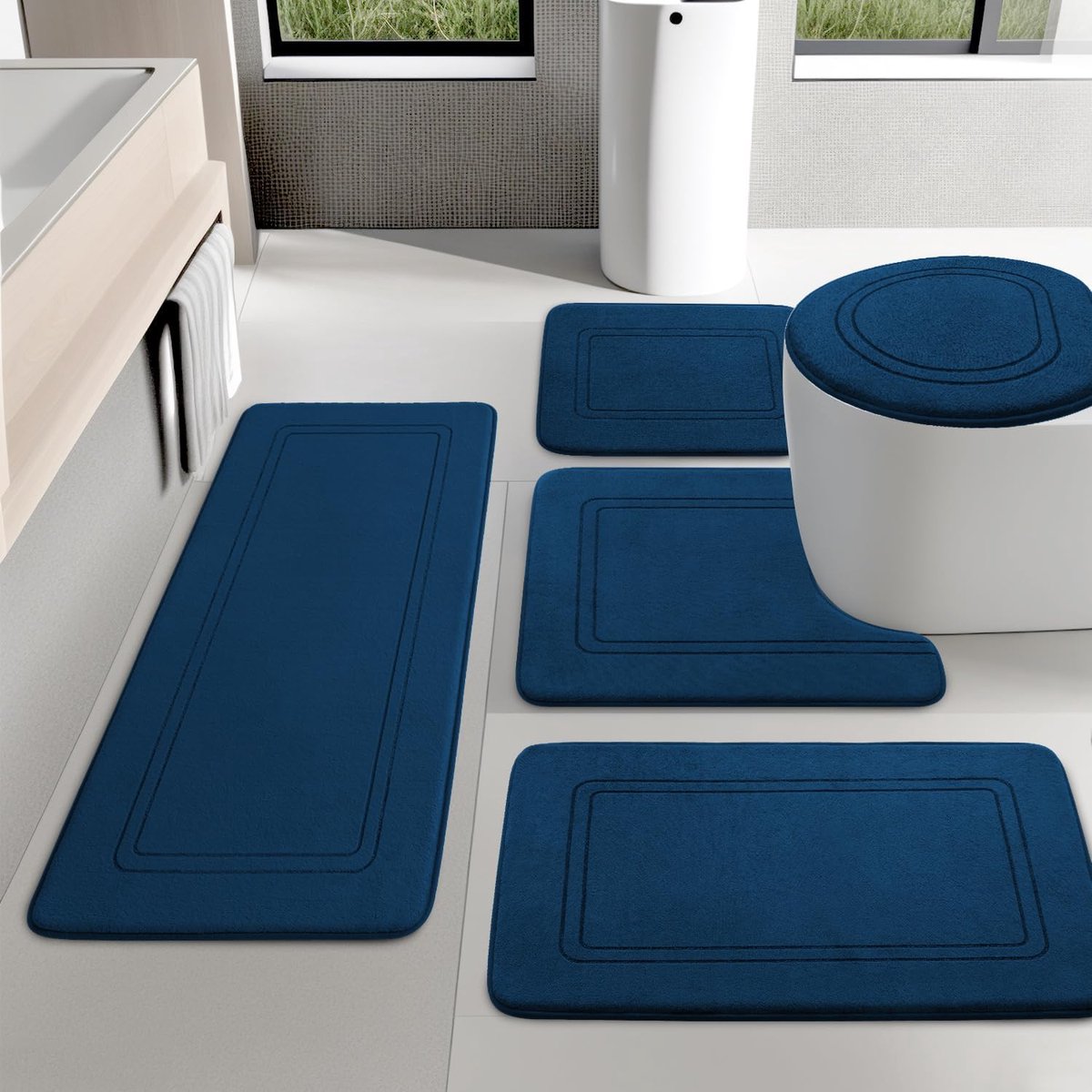 SnelShoppen - 5-delige Navy Blue Badmat Set - Antislip Wasbare Memory Foam Badmatten en U-vormige Toiletmat - Luxe Badkameraccessoires voor Sauna, Gym