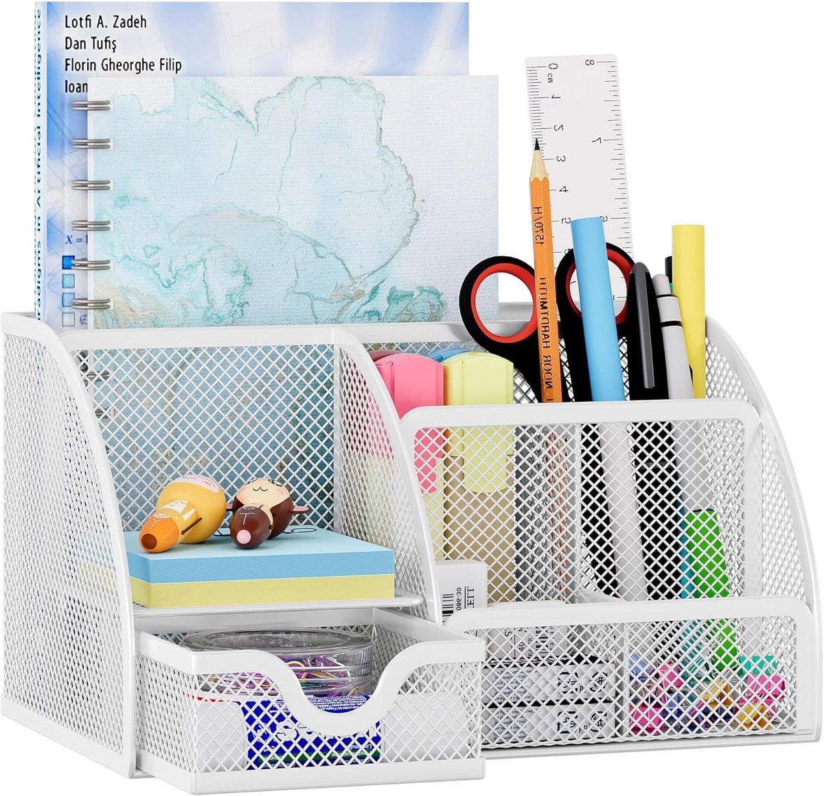 SnelShoppen - Office Mesh Desk Tidy Bureau Organizer - Stationery Opbergdoos met Tray - Penhouder met Tray - Wit - Metalen Mesh voor Thuis en Kantoor