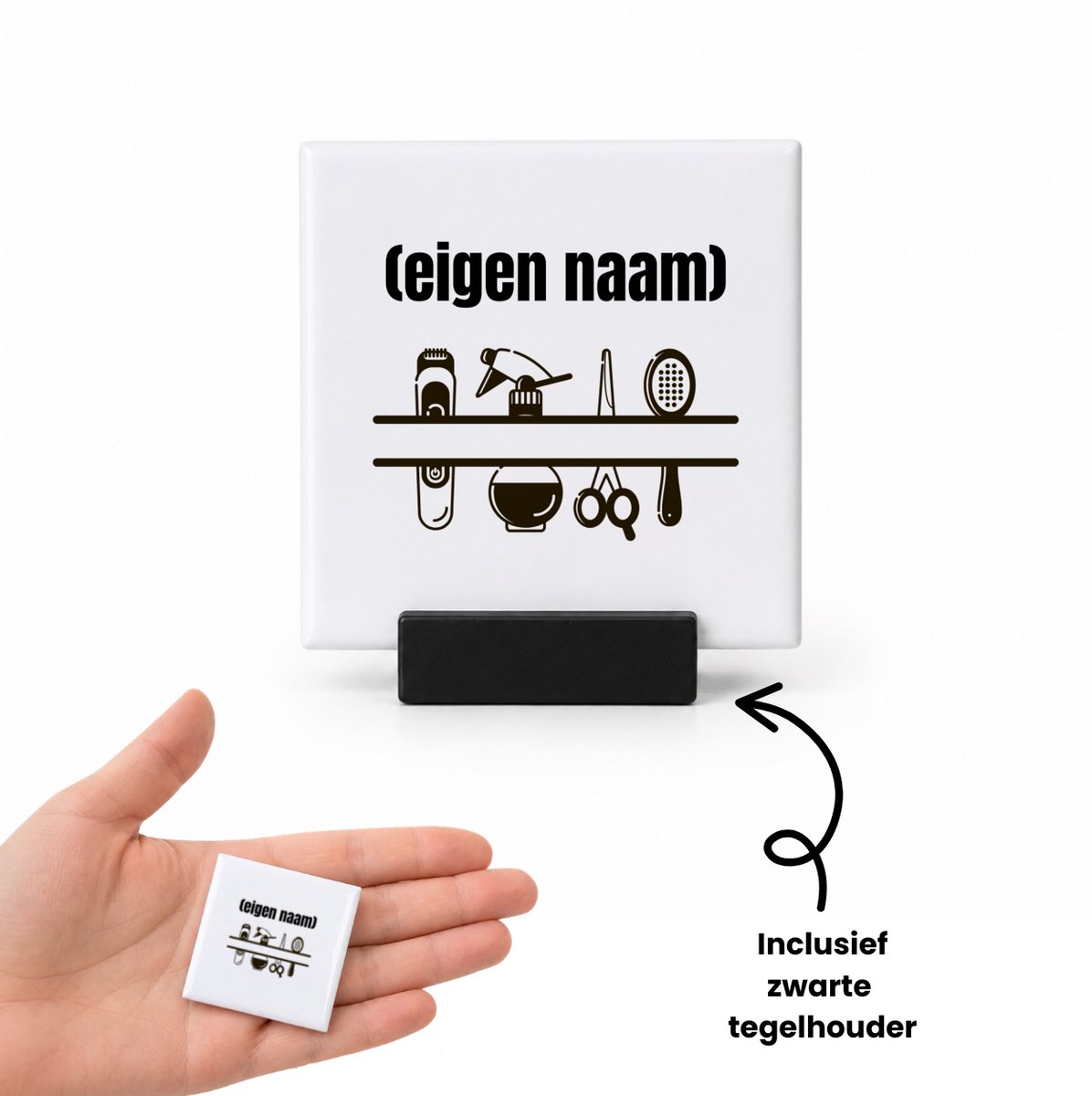 Hacebo kappersmateriaal met eigen naam tegeltje met tegelhouder - Kapper - barbers - tegeltjes met tekst - collega's - verjaardag - afscheidscadeau - geschenk - kado - spreuktegels - 4.8x4.8 CM Wit