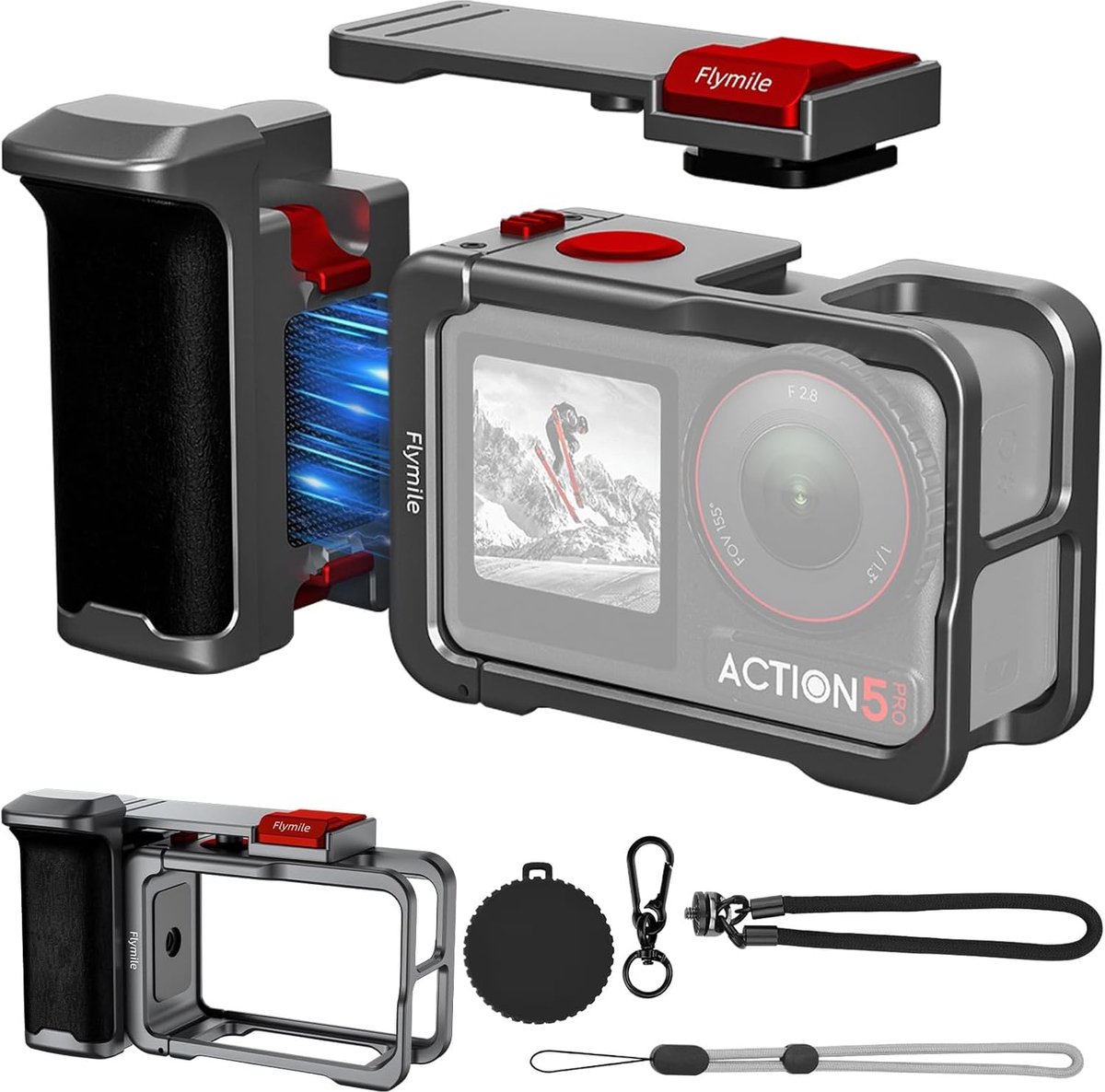 SnelShoppen - Xplorer Grip Kit voor Action Camera's, Aluminium Camera Kooi met Ergonomische Antislip Grip, Inclusief Koude Schoen voor Microfoons & Ve