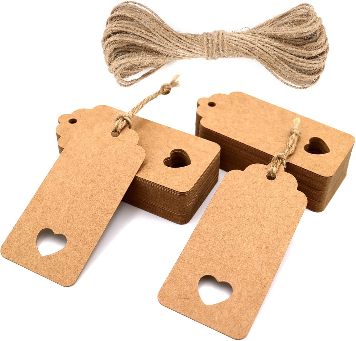 SnelShoppen - Kraft Paper Labels 50 Stuks Cadeaulabels 4.5cm x 9.5cm met Jute Touw Hangers 10 Meter Bruin, Perfect voor Feestjes, Verjaardagen, Bruilo