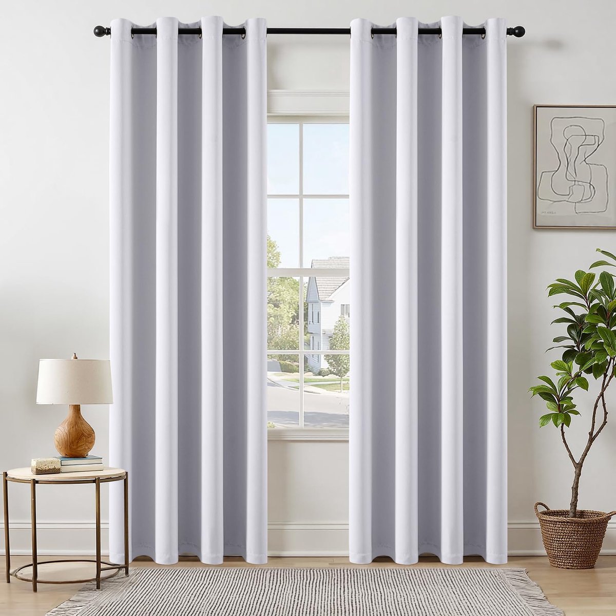 SnelShoppen - Opaque Zwarte Gordijnen Set van 2 - Grijs Wit Met Ringen - 225 cm Lengte - Zachte Blackout Gordijnen voor Woonkamer en Slaapkamer
