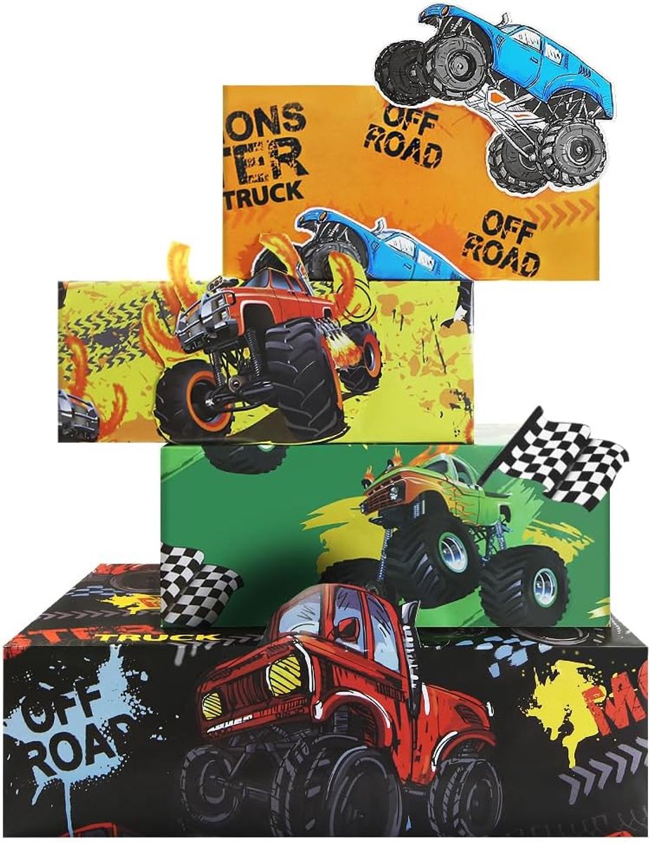 SnelShoppen - Monster Truck Cadeaupapier voor Kinderen, Off Road Voertuigen en Racers, 8 Vellen 50x70cm, Feest, Verjaardag, Baby Shower, Meisjes en Jo