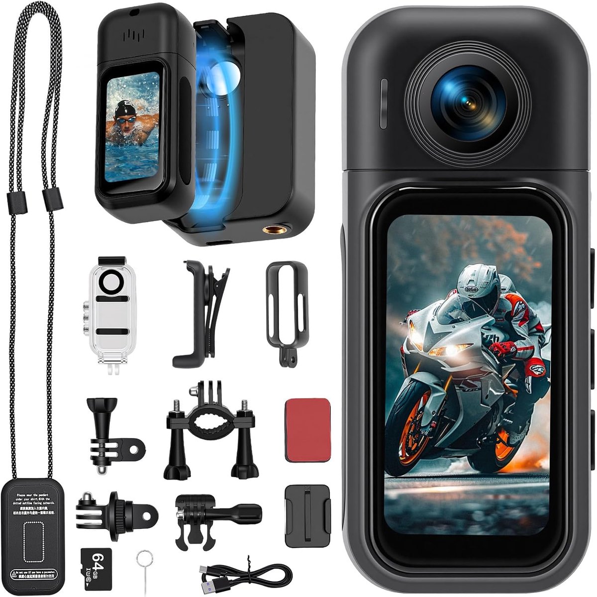 SnelShoppen - 360° Touch Screen Action Camera met 8 Uur Batterijduur, Waterproof tot 30 m, 120° Groothoek POV Camera met 10+ Accessoires voor Fietsen,