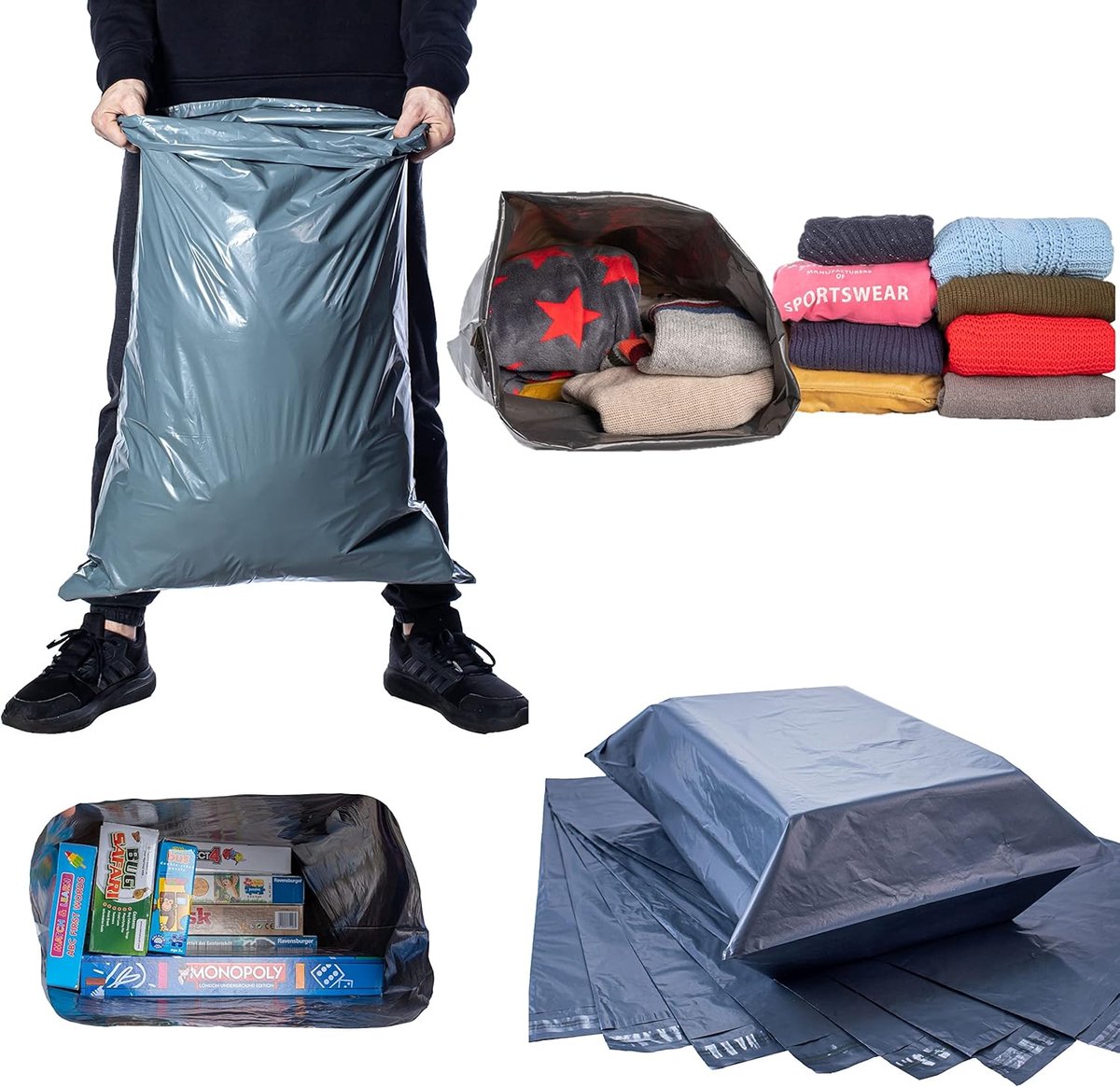 SnelShoppen - 25 x Grote Plastic Verzendzakken 43x60 cm, Grijze Zelfklevende Enveloppen voor Verzending en Verpakking van Kleding, Schoenen, en Meer
