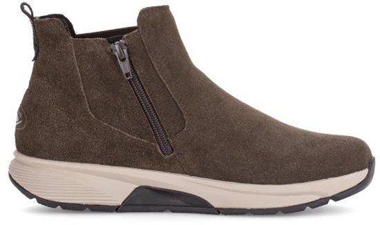 Bruin suède enkellaarsje met ritssluiting, beige zool en glitterdetail, zijzicht.