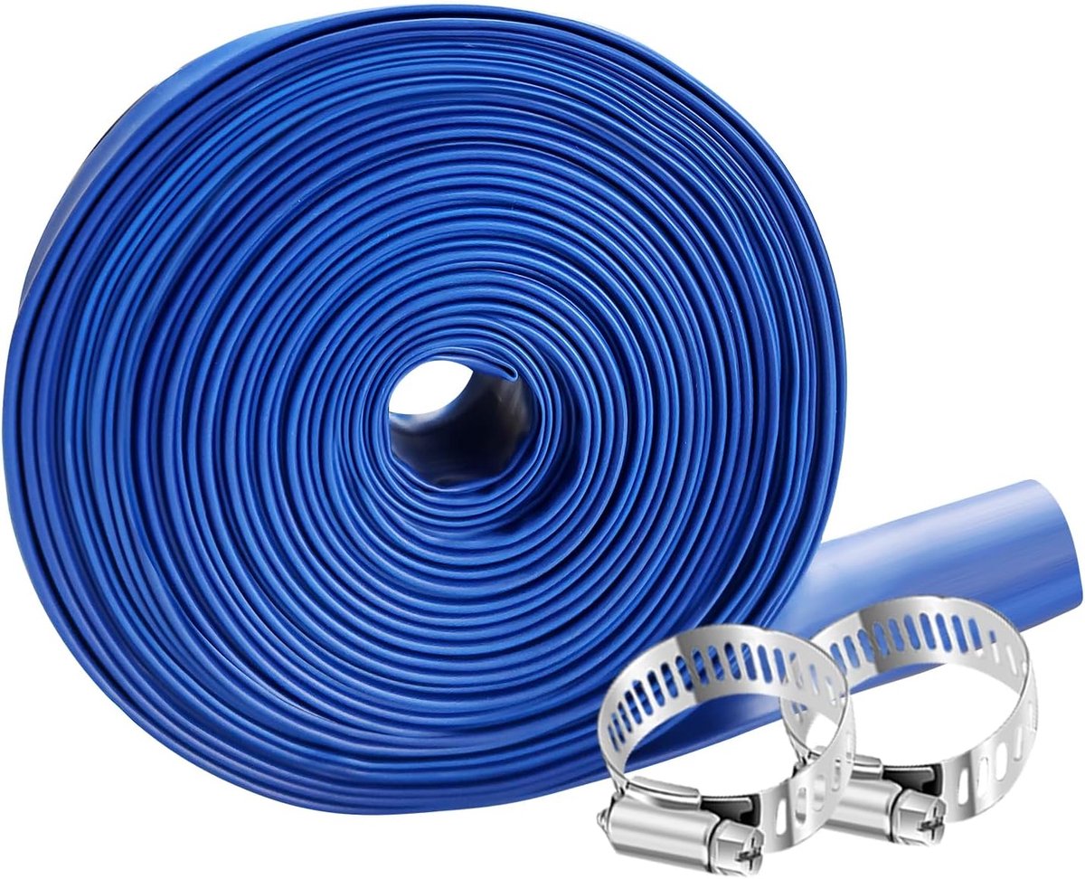 Thijox - Platte Slang 15 m / Ø 38 mm, Zwembadslang met 2 Metalen Aansluitingen, Flexibele Tuinslang voor Zwembaden, Vijvers, Tuin, Blauw