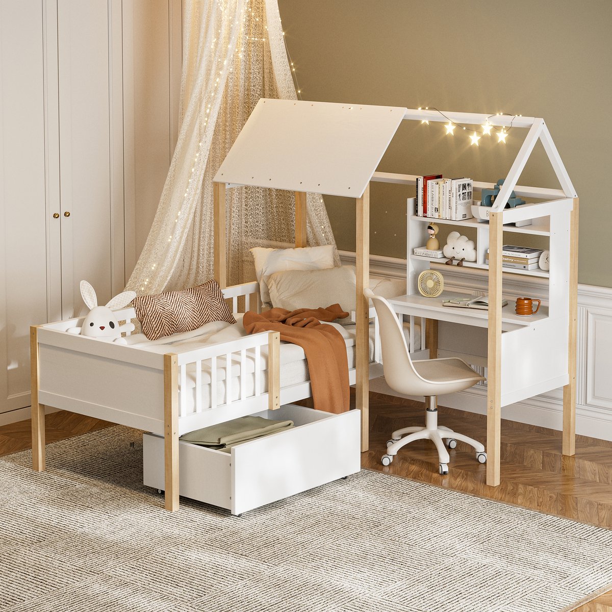 DESMIU Hoogslaper 90x200 cm – Met Bureau En Boekenrek – Uitvalbeveiliging En Lattenbodem – Laden Voor Kinderkamer – Hout – Wit – Zonder Matras
