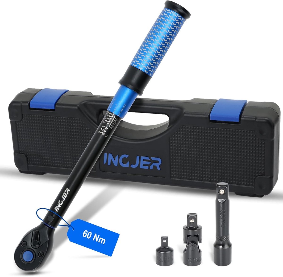 SnelShoppen - 3/8 Inch Momentsleutel Set 5-60 Nm voor Fiets, Motor en Auto - 72 Tanden Ratelkop, 4 Delige Set met 3/8" naar 1/4" Adapter, Universele H