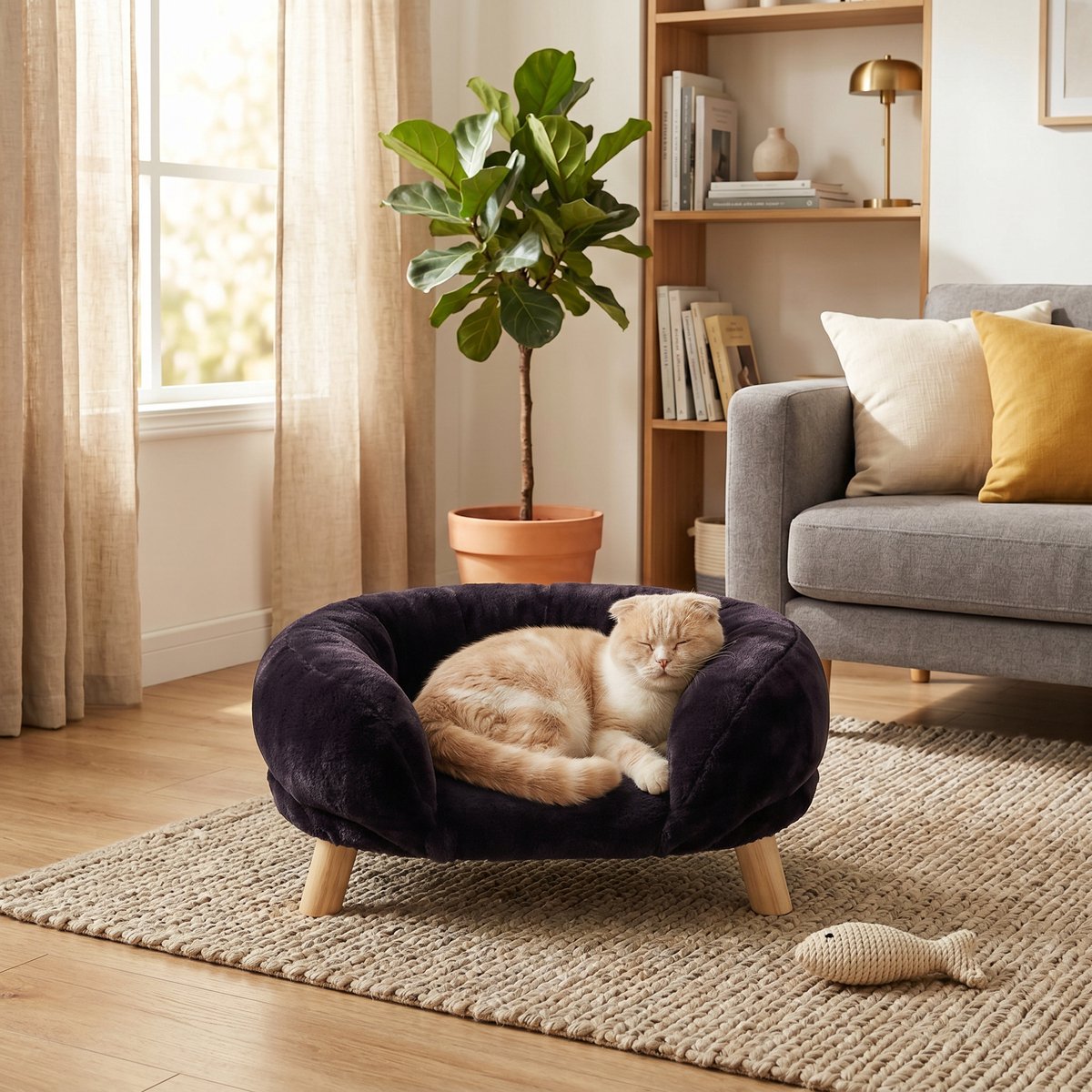 FloraGrace Kattenmand – Compact Kattensofa 50 x 40 x 12,5 cm – Polyester – Bruin – Antislip Rustplek Voor Woonkamer of Balkon