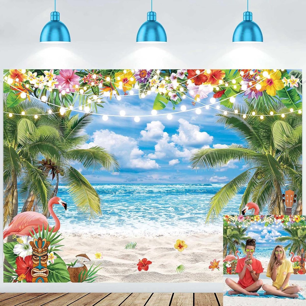 SnelShoppen - Summer Hawaiian Beach Ocean Fotografie Achtergrond 208x149cm - Blauwe Lucht Zee Tropische Palm Bomen Decoratie voor Aloha Luau Feest