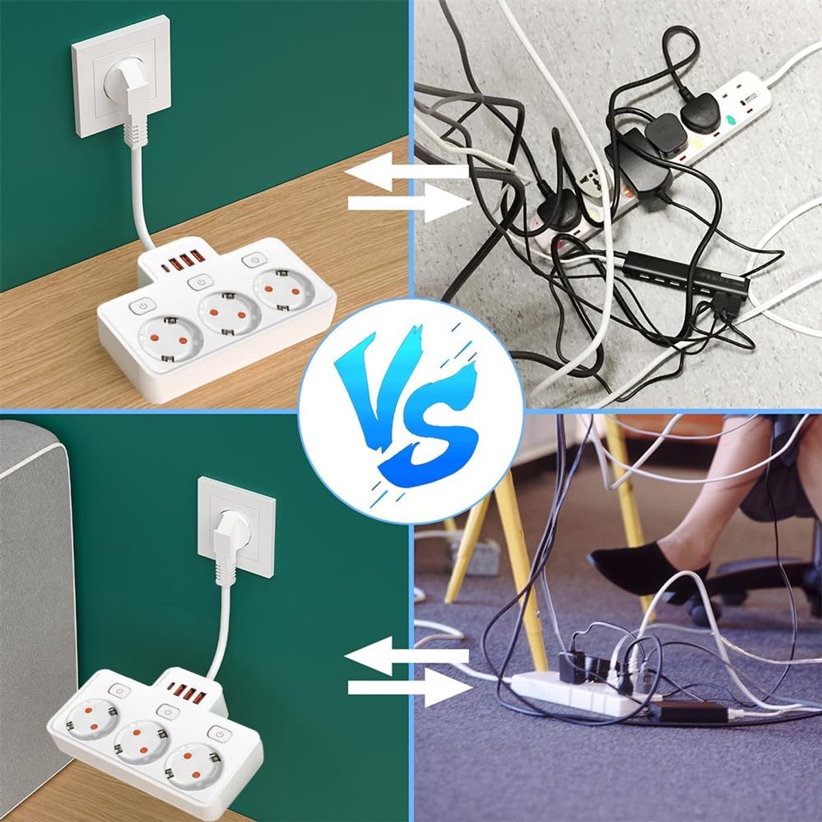 SnelShoppen - Power Strip met USB, 3-Way Meerdere Stopcontacten met Schakelaar, 3 USB & 1 Type-C (5V, 2.1A) voor Keuken, Woonkamer, Slaapkamer (Zwart)