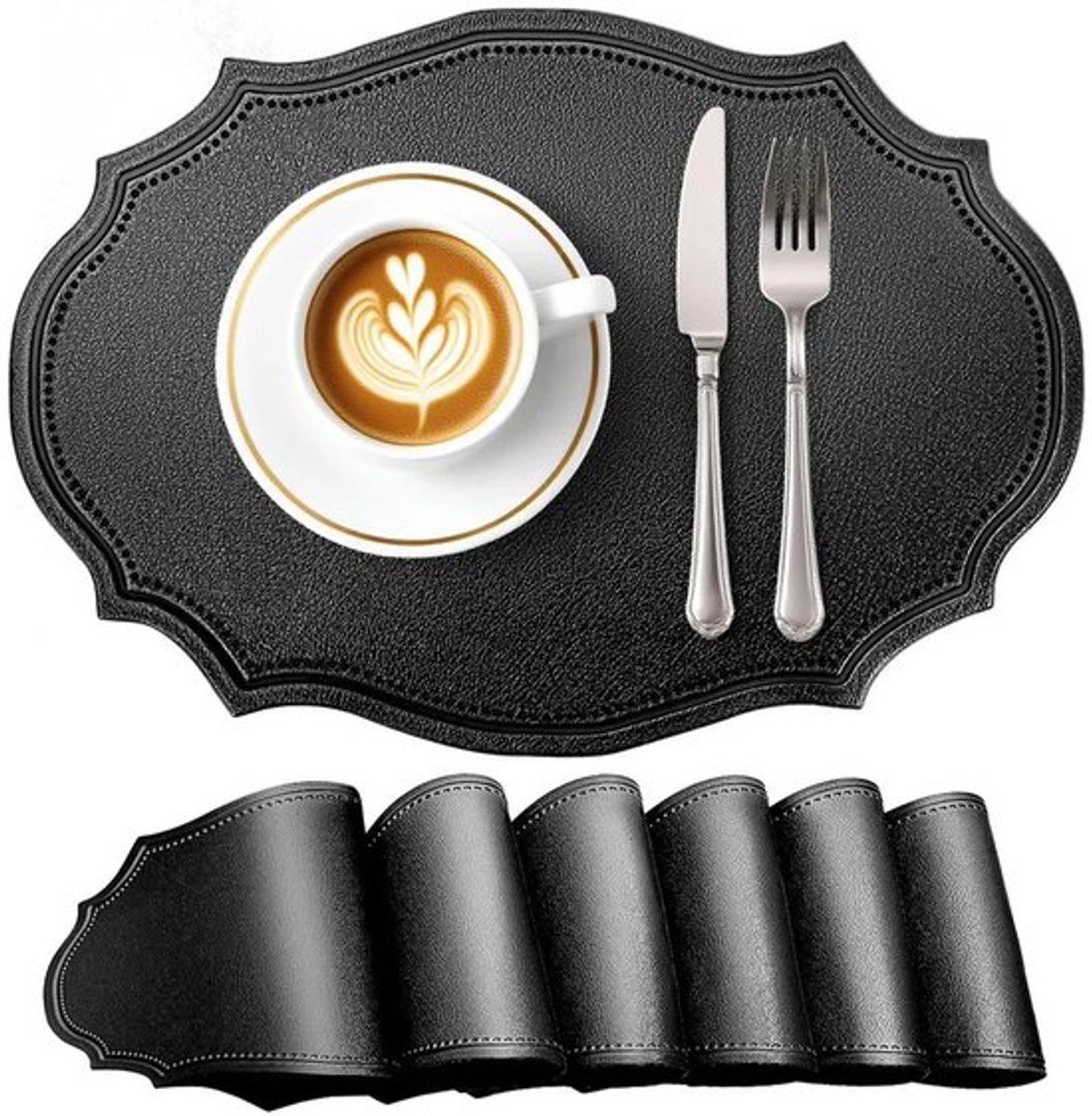 Set van 6 ovale kunstleren placemats zwart - vlekwerend en hittebestendig